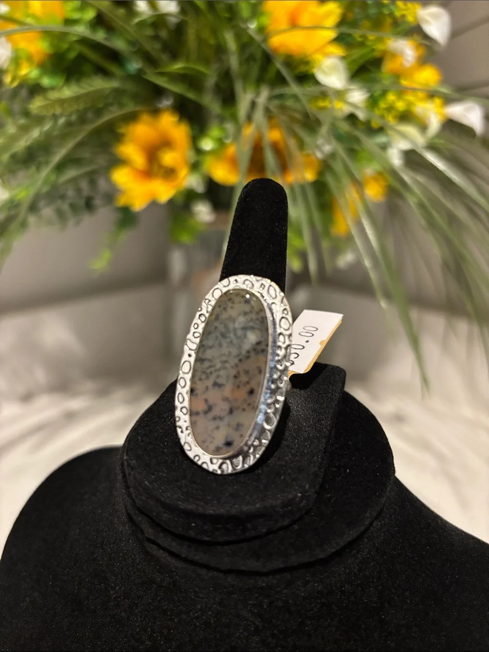 Silver Oval Honey Dendrite Opal Gemstone Statement Ring Size 9